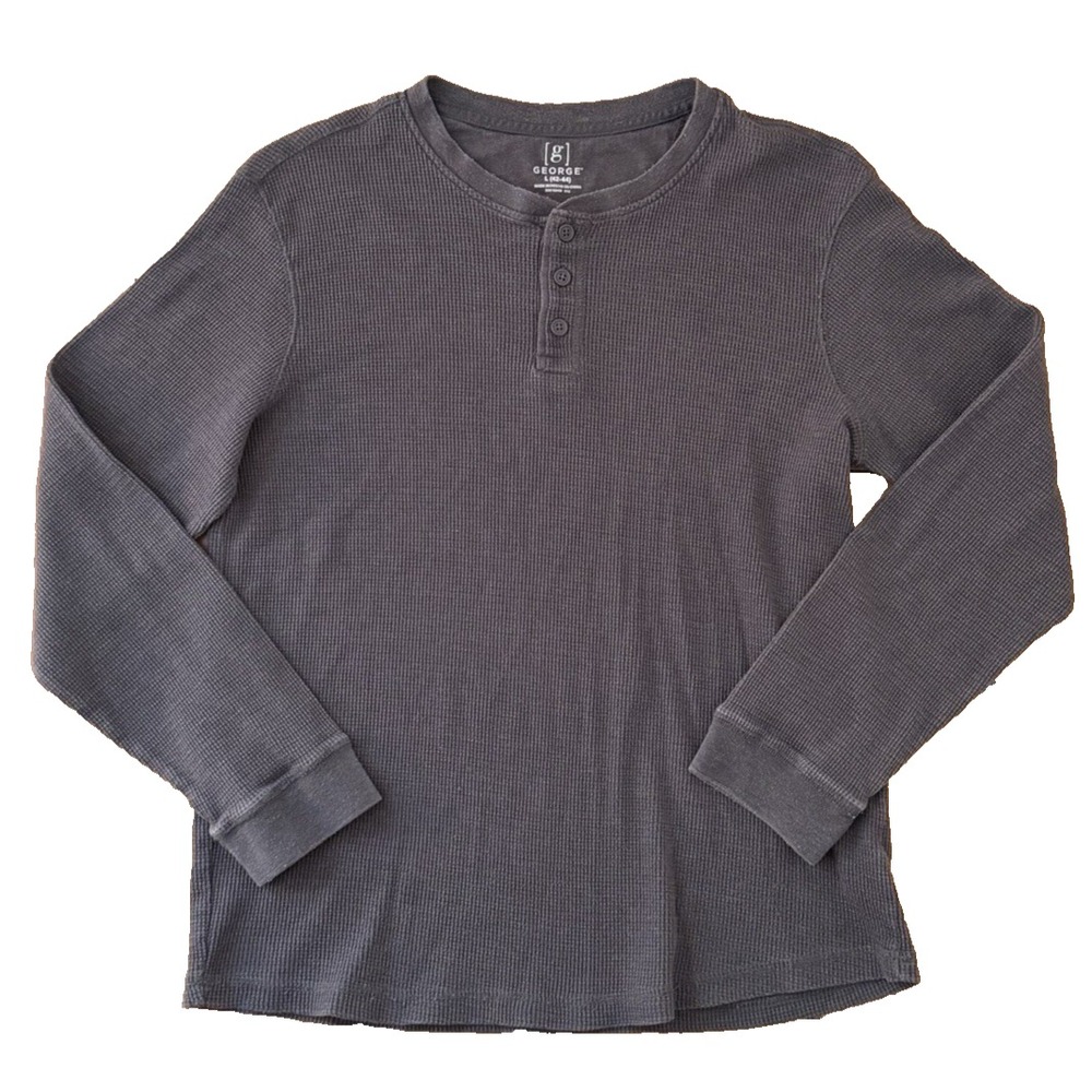 George Men's Thermal Henley‎ Shirt Long Sleeve L Waffle Knit Gray Y2K Grunge